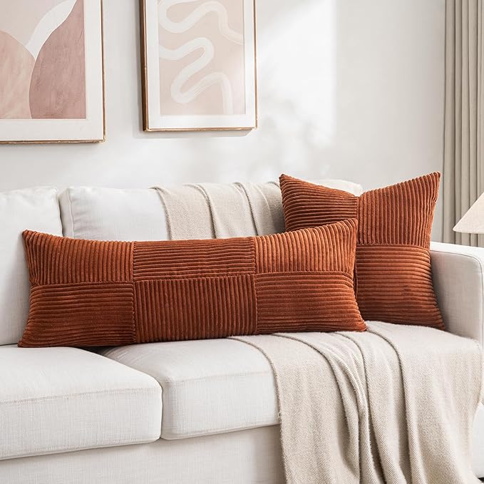 Set of 2 Burnt Orange Soft Corduroy Pillow Covers - 12 x 24 inch