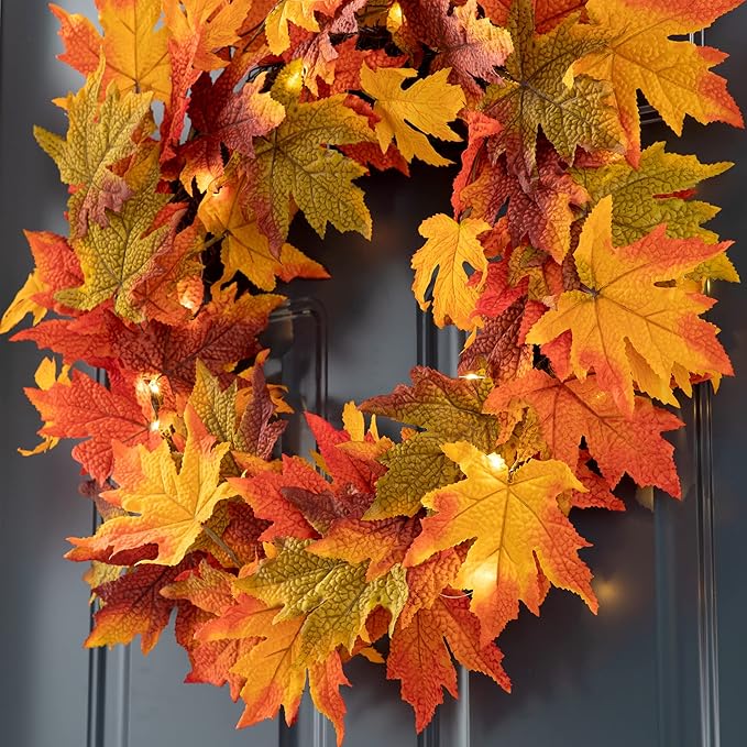 24 Inch Pre-lit Maple Leaf Wreath with Timer