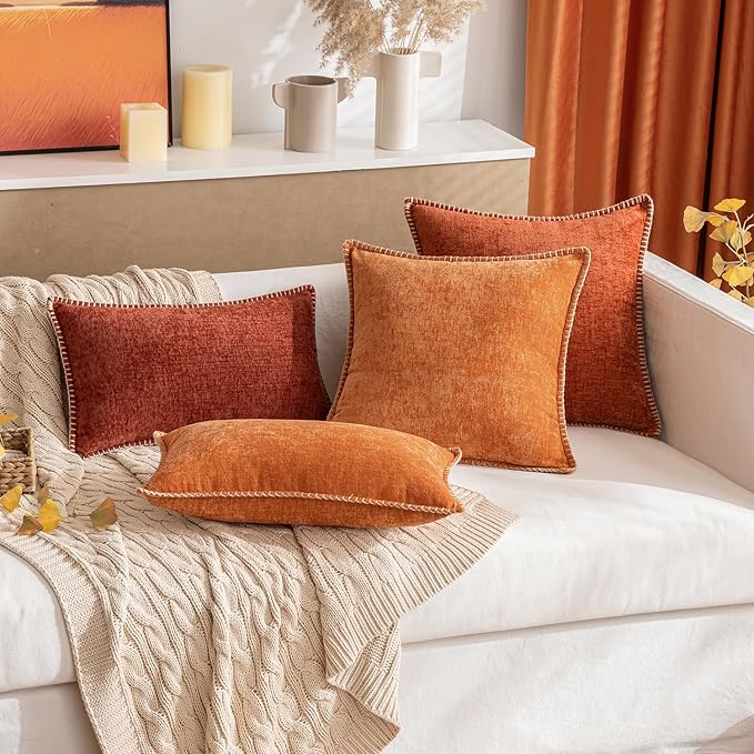 2 Pc Stitched Edge Soft Chenille Pillow Covers - 12 x 20 inch, Burnt Orange