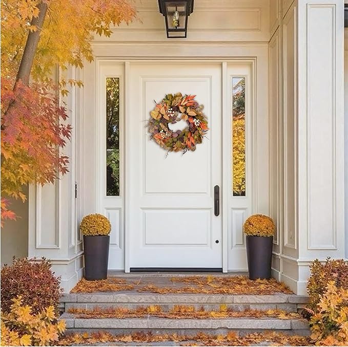 24" Fall Wreath - Handmade with Autumn Leaves, Pinecones, Berries and Wheat