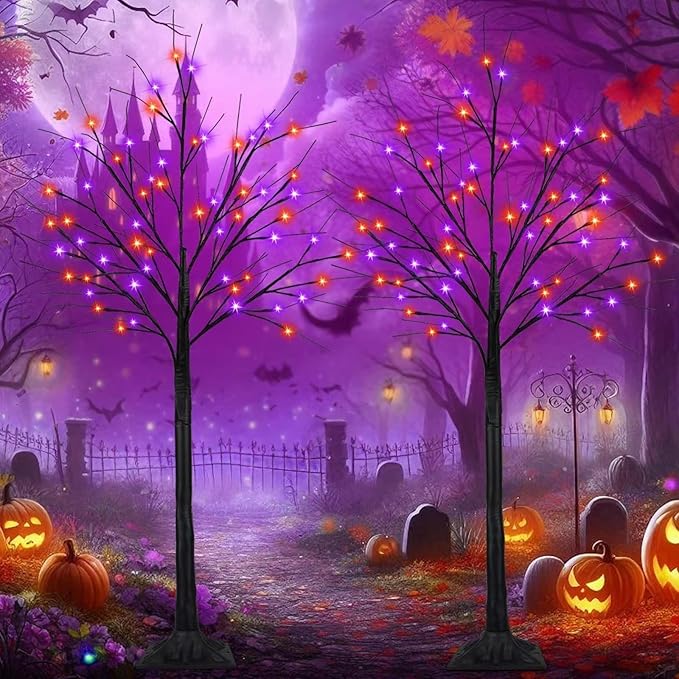 Set of 2 LED Black Trees with Purple and Orange Lights - 5 Ft