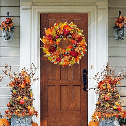 24 inch Autumn Wreath with Berry Wood, Maple Leaves and Pine Cones