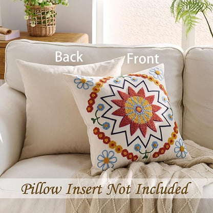 Red Floral Boho Embroidered Throw Pillow Cover - 18x18