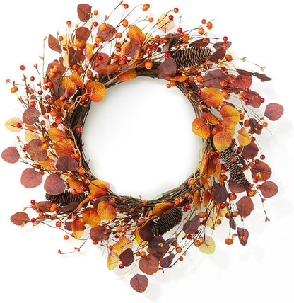 22 inch Fall Berry Wreath with Purple Eucalyptus and Pine Cones