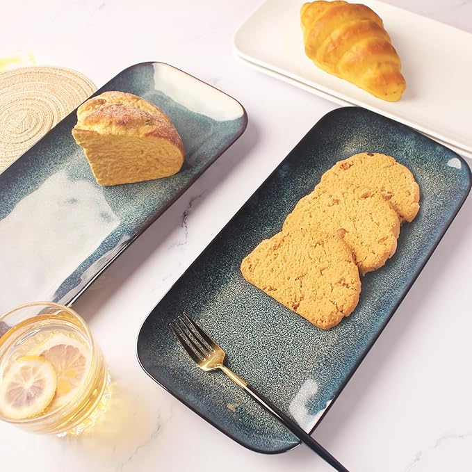 Set of 4 Rectangular Serving Platters - Blue reactive glaze, 12.7 Inch