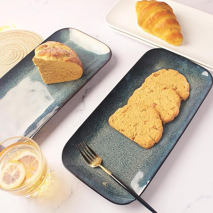 Set of 4 Rectangular Serving Platters - Blue reactive glaze, 12.7 Inch