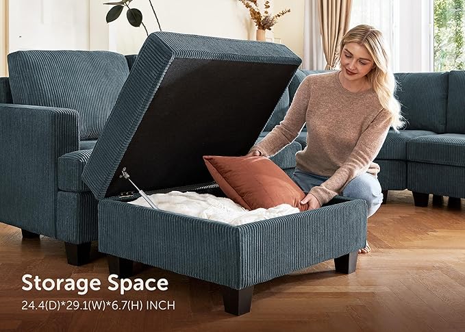 Nolany Sectional Sofa with Storage Ottoman in Blue Corduroy