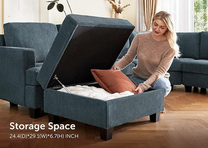 Nolany Sectional Sofa with Storage Ottoman in Blue Corduroy