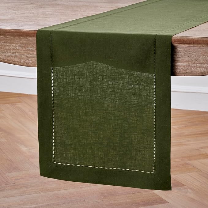 100% Pure Linen Hemstitch Table Runner - 14 x 60 Inch, Juniper