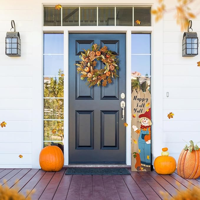 24 inch Fall Wreath with Orange Pumpkins, Natural Pinecones and Green/Brown Leaves