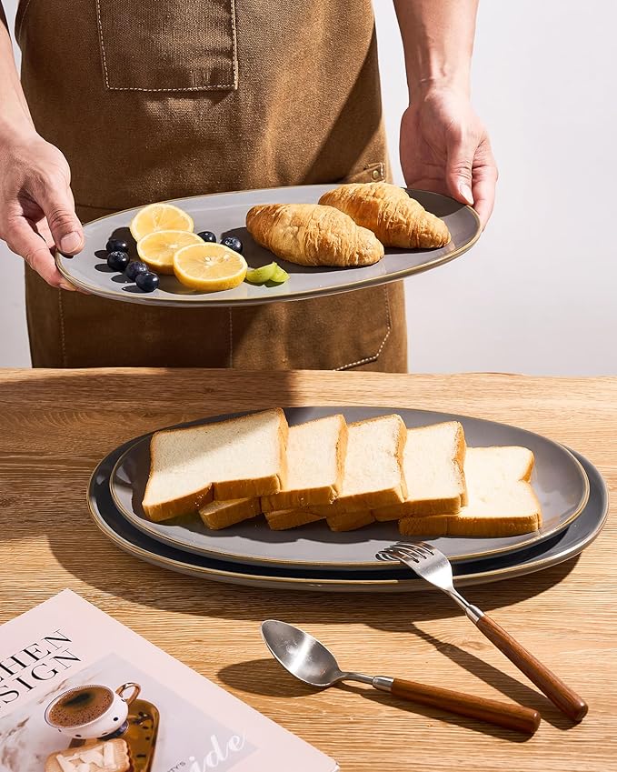 Set of 3 Fine Stonware Oval Serving Trays - Gray