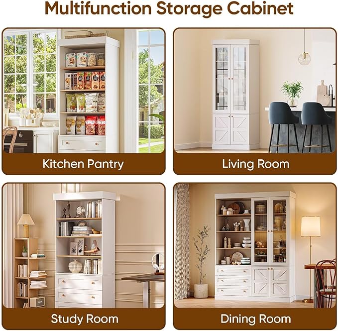 Tall Farmhouse Bookshelves with Drawers, Set of 3 – White