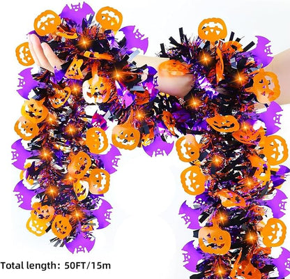 50 Ft Halloween Tinsel Garland - Pumpkins &amp; Bats, Orange/Purple/Black