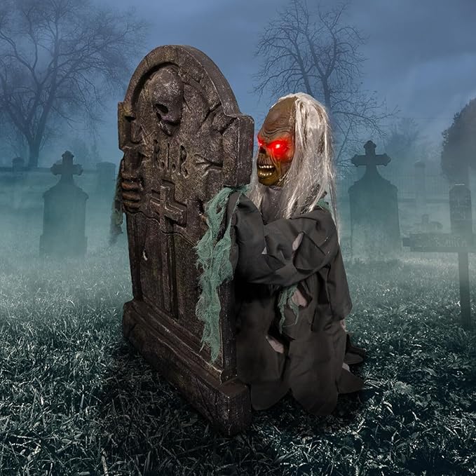 Creepy Sound Activated Animatronic Zombie with Sound Effects and Lights for Indoor (or Covered) Outdoor Halloween Decoration