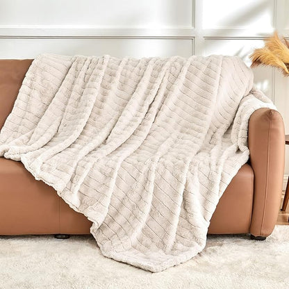Faux Fur Throw Blanket - Beige, 60 x 80
