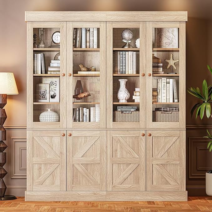 Vyre 71" Tall Farmhouse Bookshelves with Glass Doors, Set of 2 – Natural
