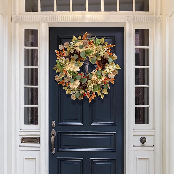 22" Fall Hydrangea Wreath with Eucalyptus, Pinecones &amp; Orange Berries