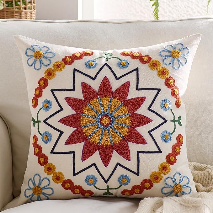 Red Floral Boho Embroidered Throw Pillow Cover - 18x18