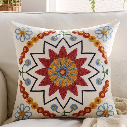 Red Floral Boho Embroidered Throw Pillow Cover - 18x18