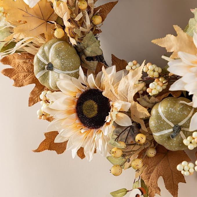 24 inch Fall Wreath with Black Metal Hanger - Cream Sunflower, Green Pumpkin, Brown Maple  Leaf &amp; Golden Berries