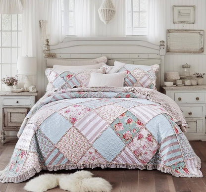 Hint of Mint Floral Pastel Cotton Patchwork Ruffle Quilted Bedding Set