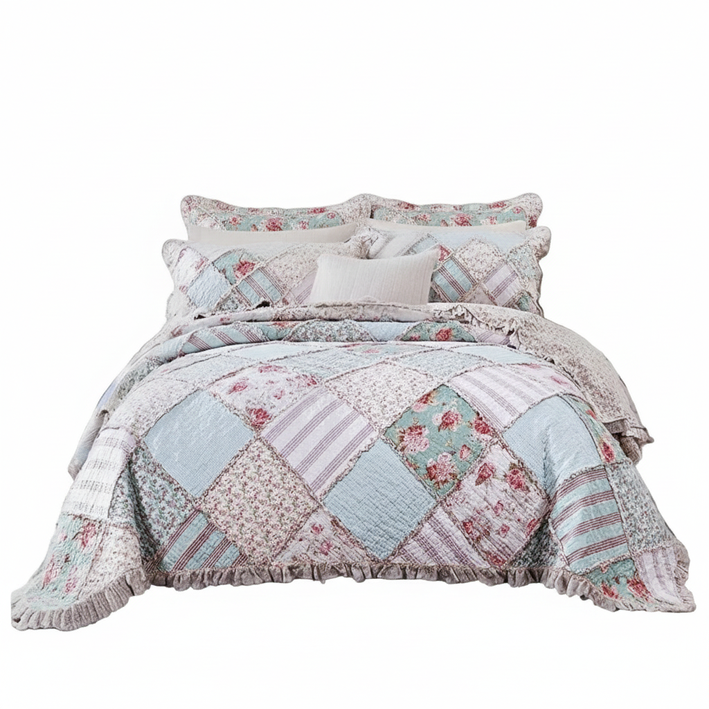 Hint of Mint Floral Pastel Cotton Patchwork Ruffle Quilted Bedding Set