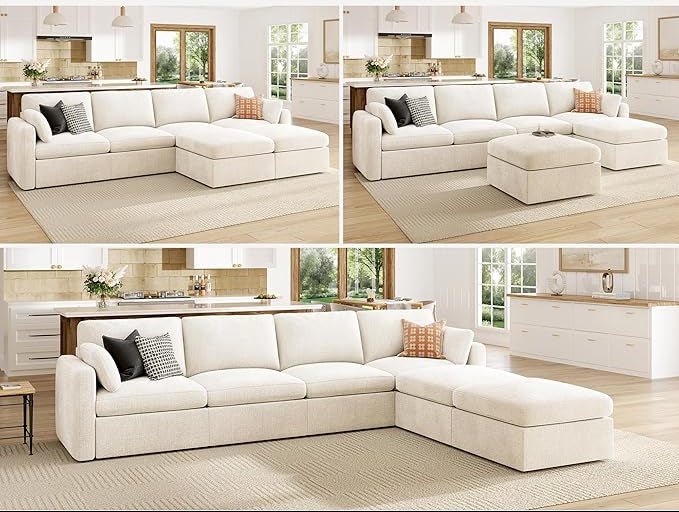 Modular Sectional Sofa with Storage Ottoman - Beige Chenille