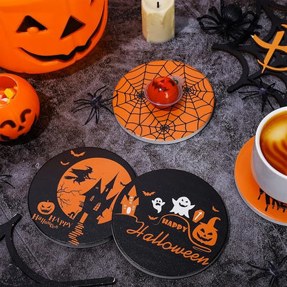 Set of 4 Orange/Black Halloween Ceramic Coasters