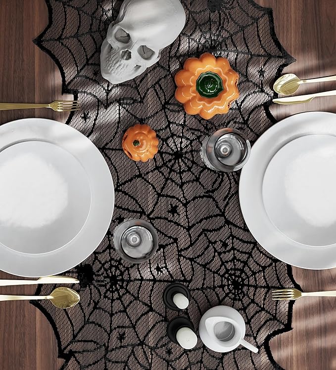 72 Inch Black Lace Spider Web Table Runner for Halloween