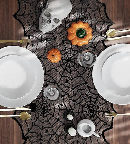 72 Inch Black Lace Spider Web Table Runner for Halloween