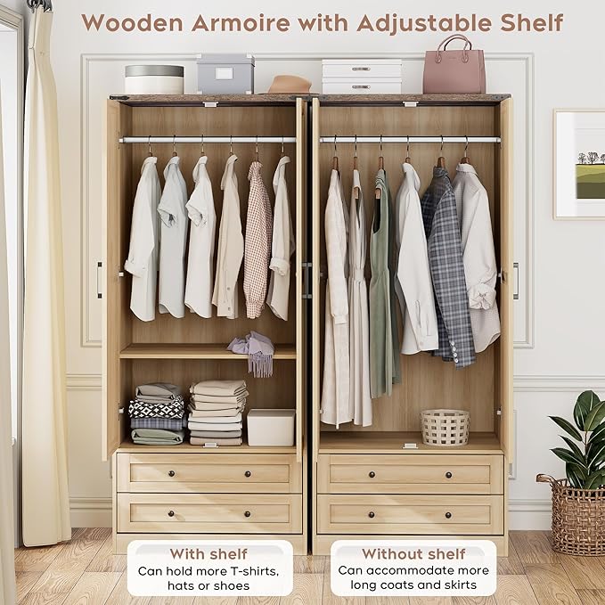 Wooden Armoire Wardrobe Closet - 71 inch, Natural Finish