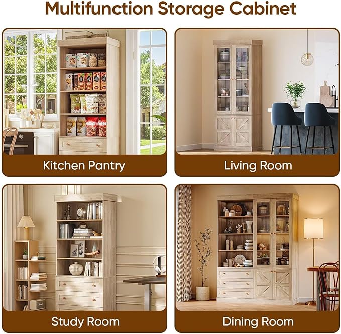 Vyre 71" Tall Farmhouse Bookshelves with Glass Doors, Set of 2 – Natural