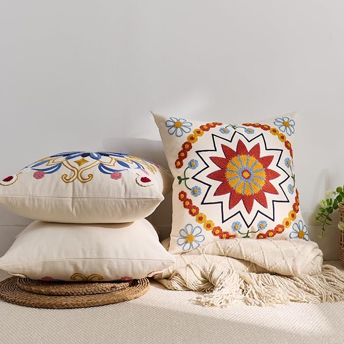 Red Floral Boho Embroidered Throw Pillow Cover - 18x18