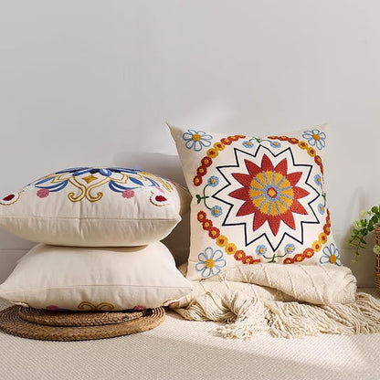 Red Floral Boho Embroidered Throw Pillow Cover - 18x18