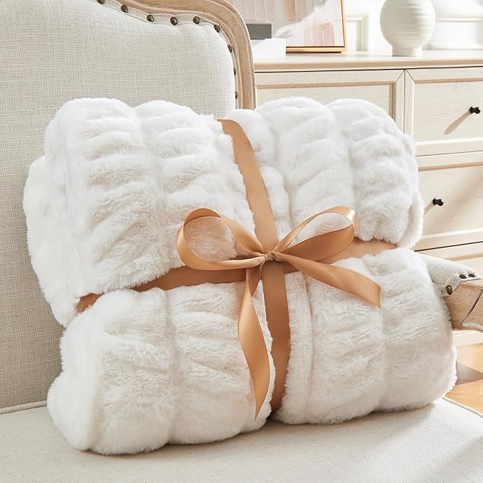 Soft and Cozy Ruched Faux Rabbit Fur Blanket - Cream, 50 x 60 inch