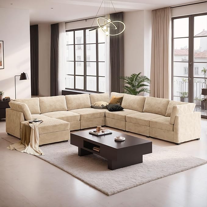 8-Seater Comfy Cloud Modular Sectional with One Movable Ottoman in Tan Corduroy