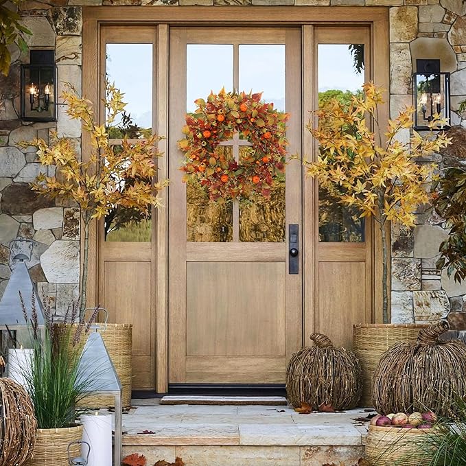 22 inch Autumn Wreath with Pumpkin and Maple Leaves - Green/Orange/Red/Brown