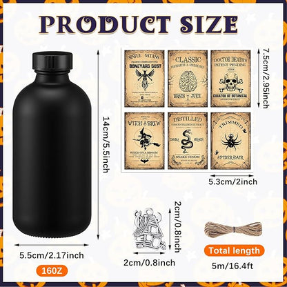 Set of 6 Halloween Potion Bottles - Black, 8.5 oz