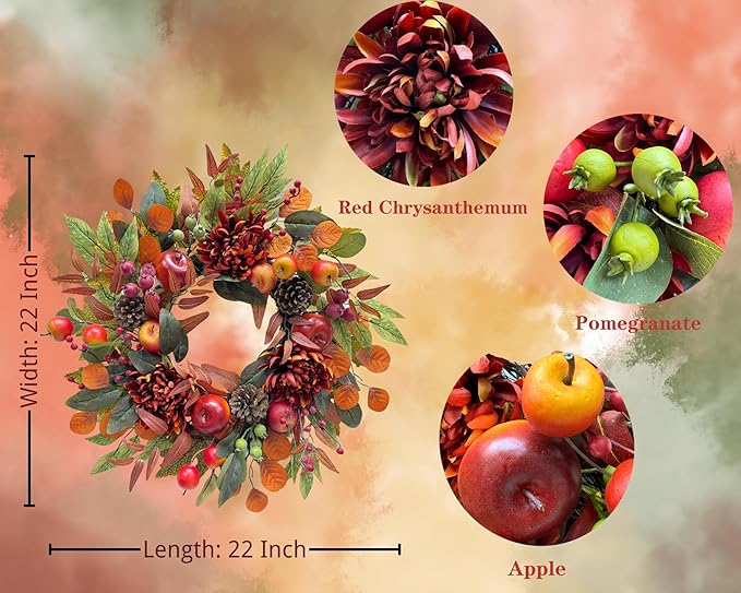 22 Inch Harvest Floral Wreath with Apples, Pinecones, Berries, Eucalyptus, Chrysanthemums and Maple Leaves