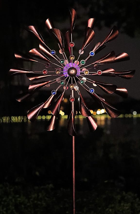 Large Copper Kinetic Wind Spinner - 79 inch with Solar LED Light