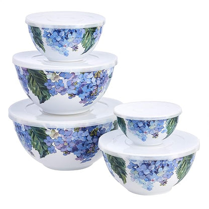 Blue Hydrangea Floral Melamine Nesting Bowls w/ Lids - 10 Pc Set