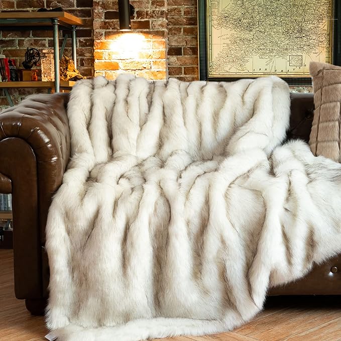 Extra Large Luxury Faux Fur Throw Blanket - Ivory 60 x 80 inch