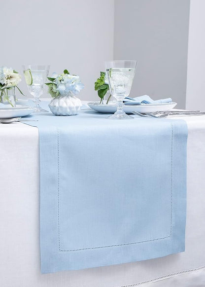 100% Pure Linen Hemstitch 14 x 90 Inch Table Runner - Sky Blue