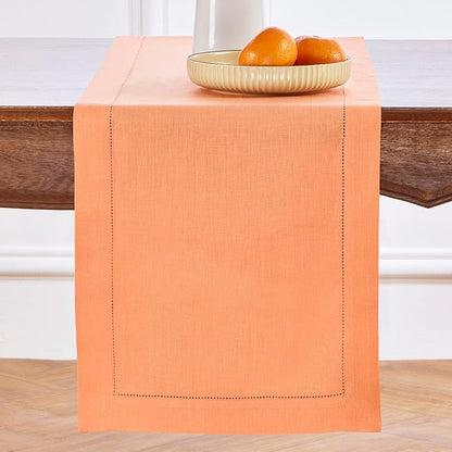 100% Pure Linen Hemstitch Table Runner 14 x 72 Inch - Canteloupe