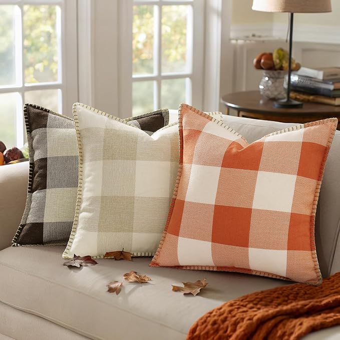 Set of 2 Buffalo Plaid Check Fall Throw Pillow Covers - 24x24, Beige
