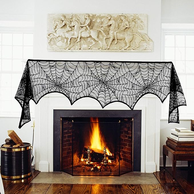 Black Spiderweb Lace Fireplace Mantle Scarf Cover/Table Cloth - 2 Piece Set