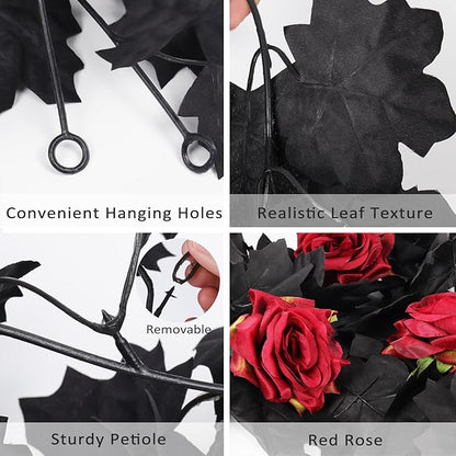 Creepy Halloween Garland with Black Leaves and Blood Red Roses - 2 Pieces, 5.7 Ft