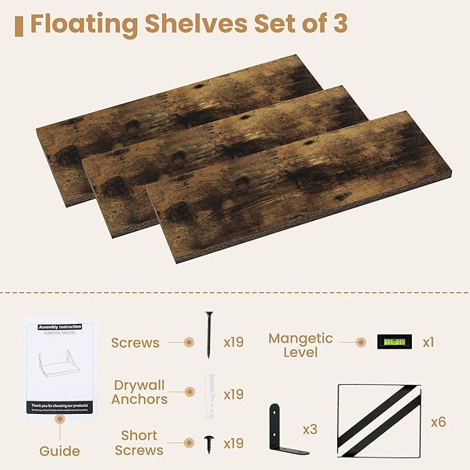 Set of 3 Rustic Brown Floating Shelves - 24"