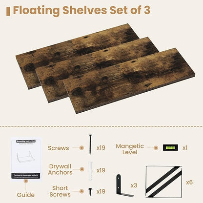 Set of 3 Rustic Brown Floating Shelves - 24"