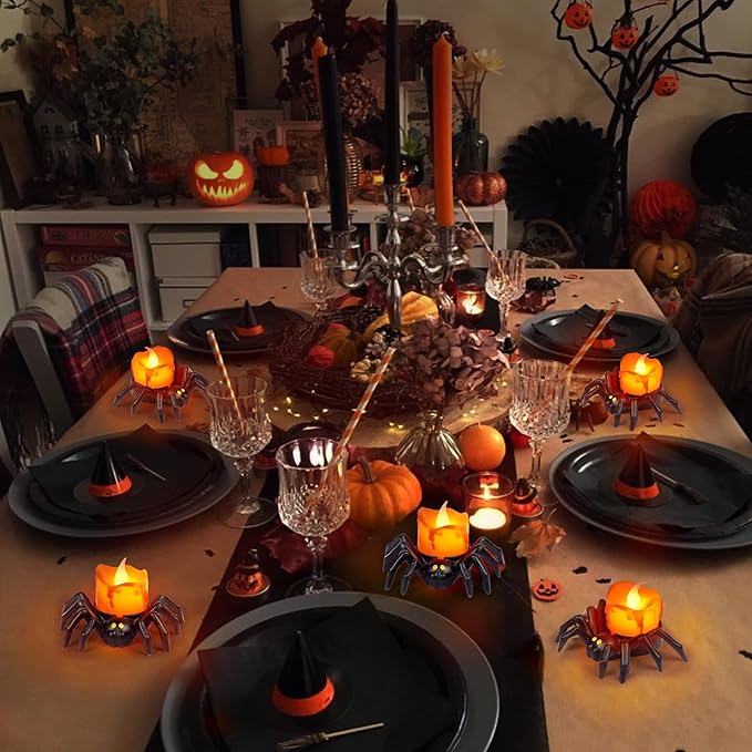 6 Pack Battery Operated LED Spider Tealight Candles for Halloween